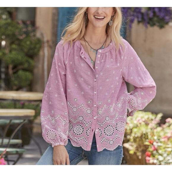 Sundance Size Medium Rory Eyelet Striped Top 100% Cotton Blouse Peasant Bohemian - Picture 1 of 7
